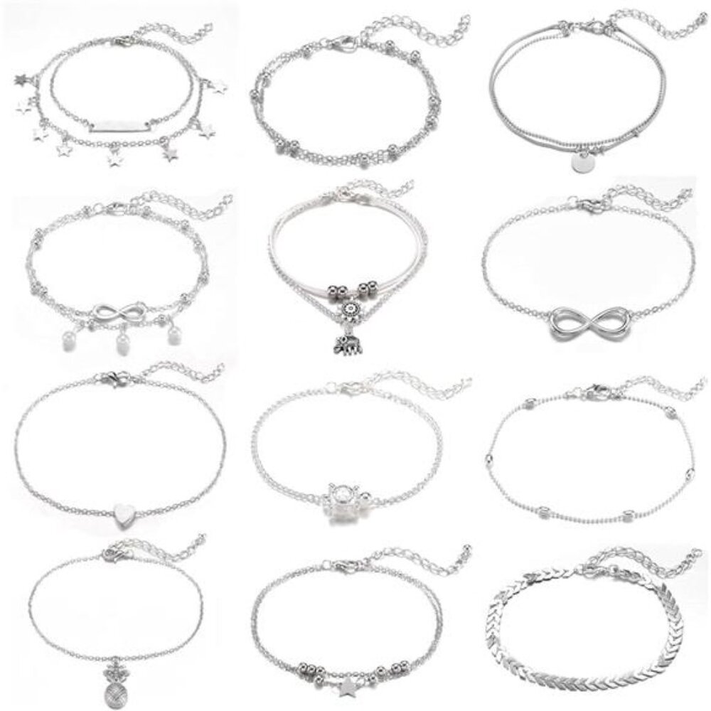 12pcs Women's Charm Anklet Set Gold Multilayer Adjustable Ankle Bracelets Boho